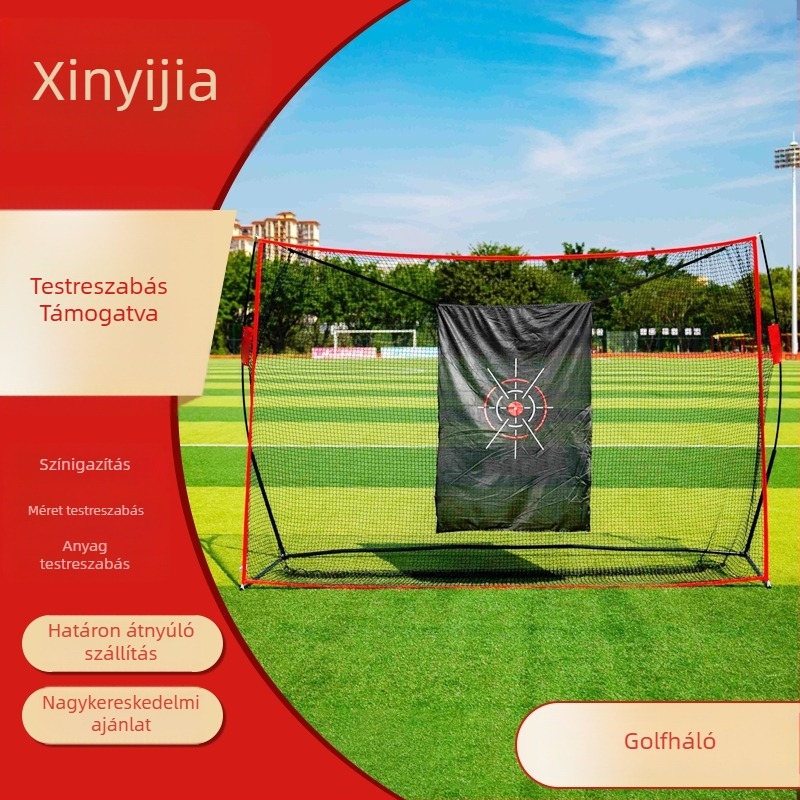 Xin Yijia Golf edzős háló – beltéri használat, könnyen szerelhető, hordozható; anyagok: poliészter, vászon, vas, üvegszál.