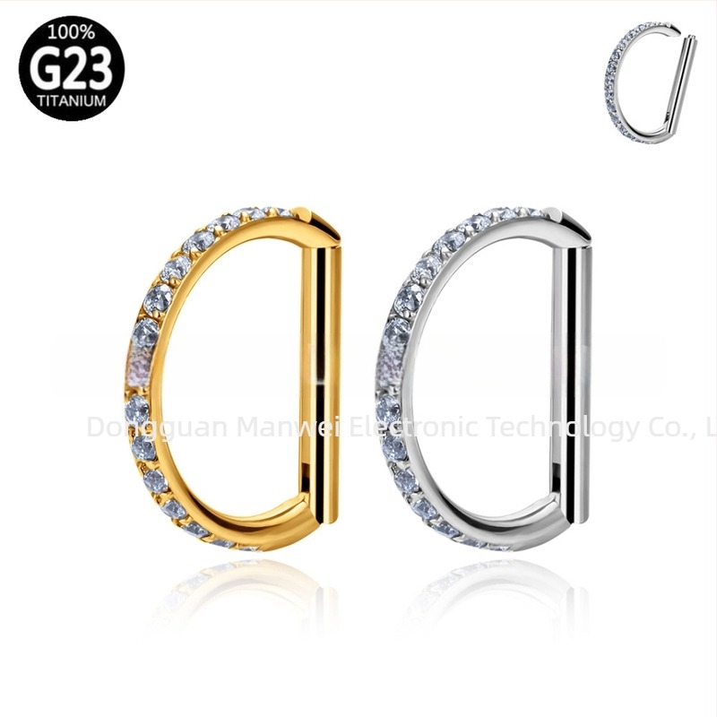 G23 titánötvözet, D-formájú orrstud, kövekkel, cirkóniával, unisex piercing ékszer, ASTM F136 titánium