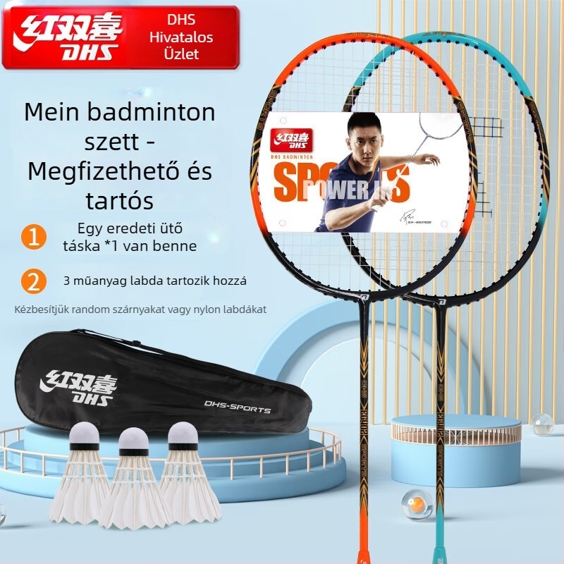 DHS tollaslabda ütő készlet, modell E-EG402, 2 darab, karbon szálas vázzal, tartalmaz 3 nylon shuttlecocks