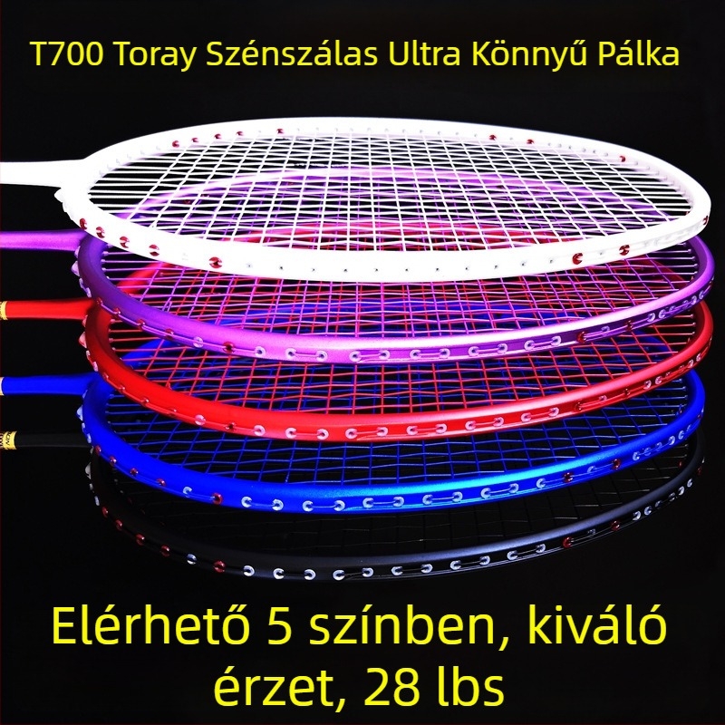 Szénszálas tollaslabdaütő, súly 80–84 g, egyenes nyelet, G5 markolat, poliészter húrok