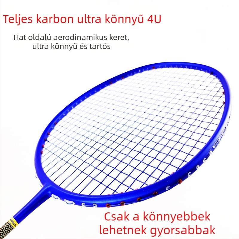 Szénszálas tollaslabdaütő, súly 80–84 g, egyenes nyelet, G5 markolat, poliészter húrok