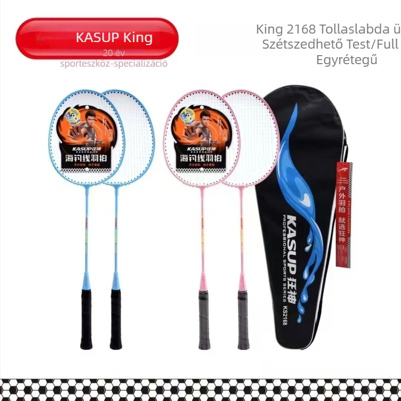 Bádminton ütő – vasötvözet váz, nylon húrok, súly 95–100 g, markolat vastagsága G-4, közvetlen ütés