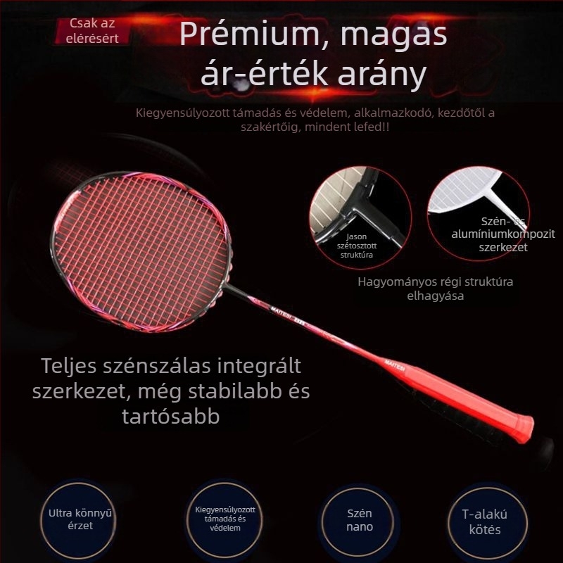 Meters szénszálas tollasütő, ultrakönnyű, tömeg 75–79 g, nyél G5, egyenes nyelet