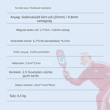 Pickleball hálókeret – hordozható, összecsukható háló készlet otthoni és kültéri edzésre; anyagok: acélcső, polietilén, vászon
