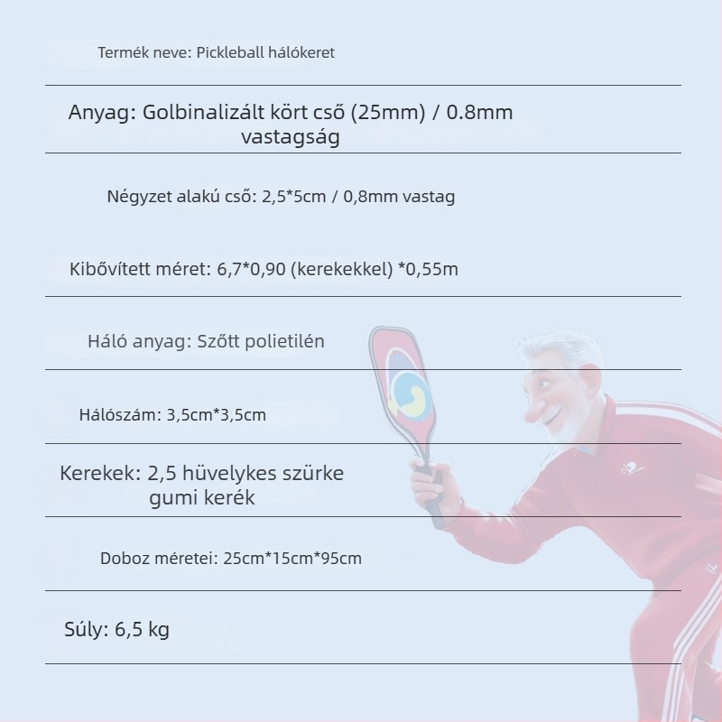 Pickleball hálókeret – hordozható, összecsukható háló készlet otthoni és kültéri edzésre; anyagok: acélcső, polietilén, vászon