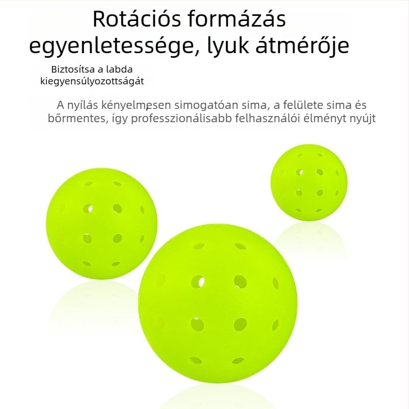 Professzionális pickleball labda, 48 lyukú, rotomoldált kialakítású, PE-anyagú, tömege 26 g ± 3 g, kültéri játékhoz