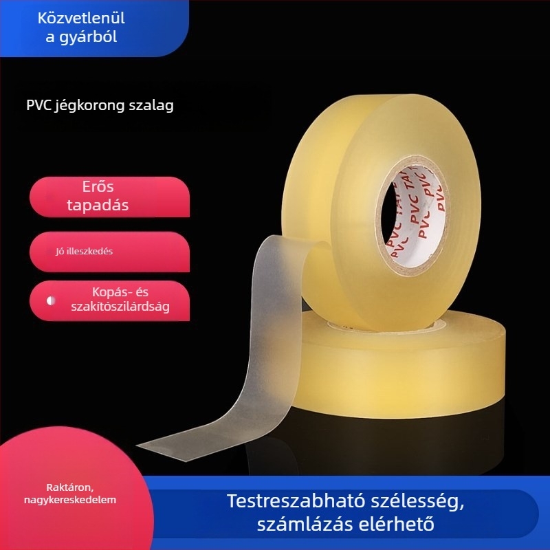 PVC jégkorong szalag – átlátszó, magas tapadással, kopásálló, csúszásmentes, hossz 20 m, vastagság 0,18 mm, PVC alap, gumibázisú ragasztó, szélesség testre szabható
