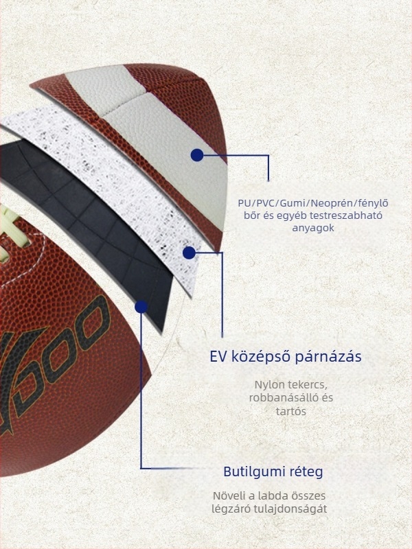 Rögbi labda magáncímkével – PU anyag, gépi varrás, logó nyomtatás elérhető, licencelt magánmárkák; alkalmas sporttendenciákhoz és más labdajátékokhoz.