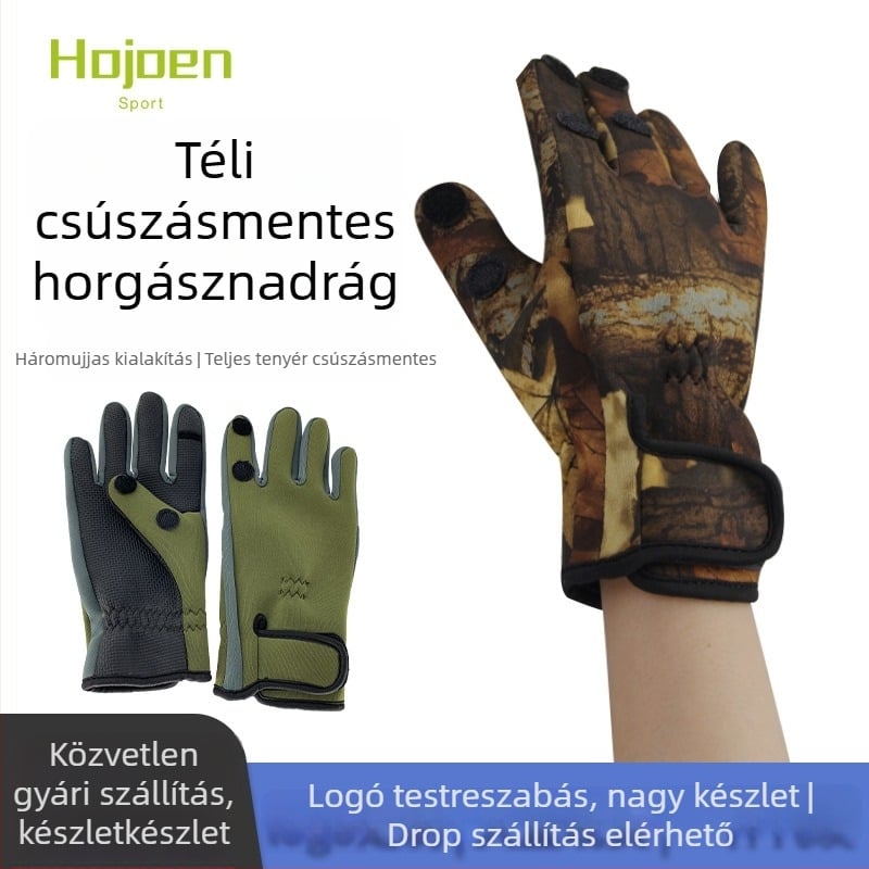 Szabadban használható kerékpáros kesztyűk, kamuflázs mintázat, diving material, csúszásmentes, kopásálló, háromujjas hajlító dizájn