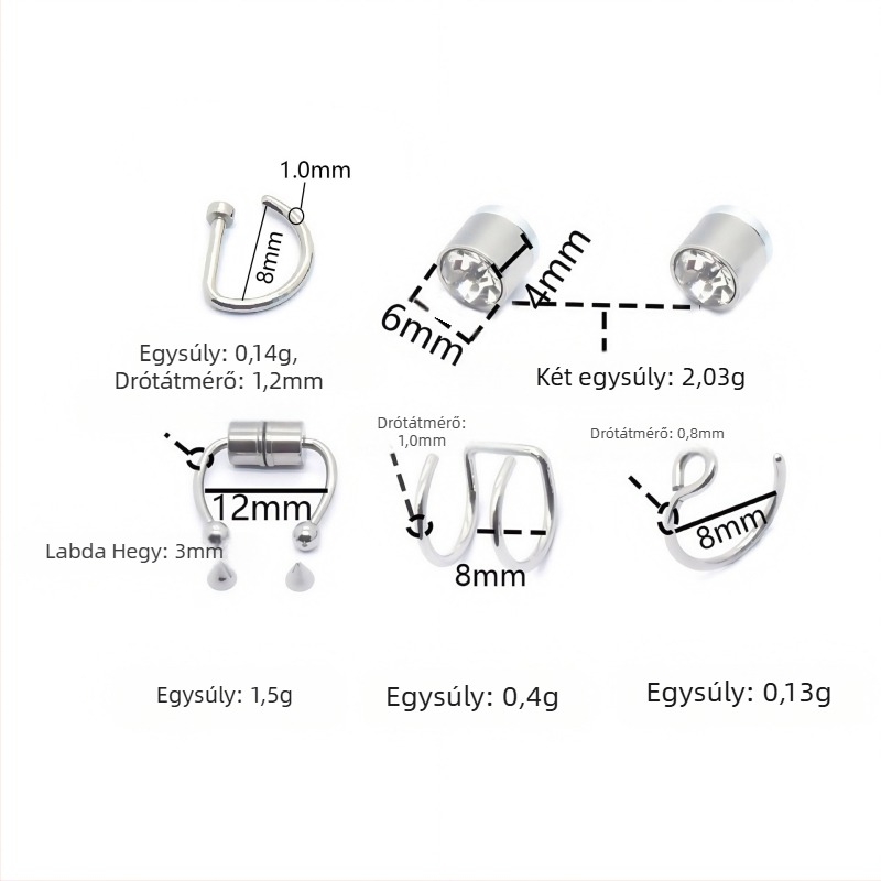 Rozsdamentes acél mágneses orrklipsz, D-formájú orrkar, perforált orrgyűrű, mágneses fülklipsz – 18 darabos DIY ékszerszett, uniszex, elektroplatálás