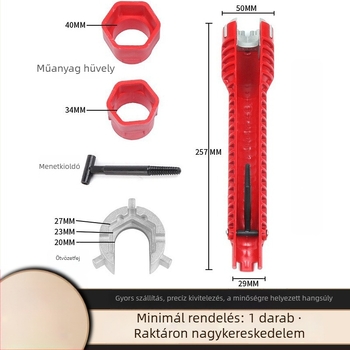 Fürdőszobai csőkulcs, műanyag + alumínium ötvözet, galvanizált felület, súly 280 g