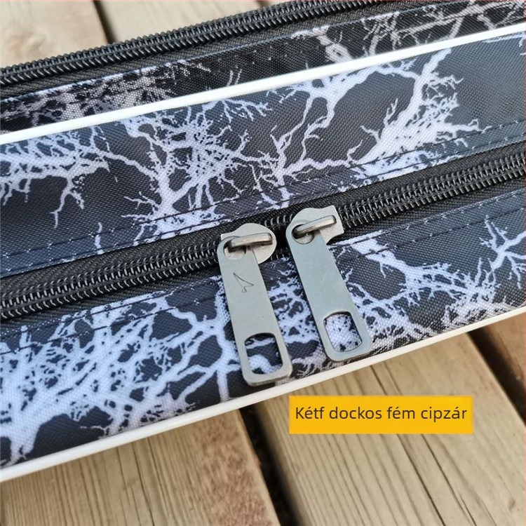 Pamutvászonból készült horgászbot táska, patkó alakú, egyrétegű oldalsó zsebbel; dupla rétegű változat oldalsó zsebbel