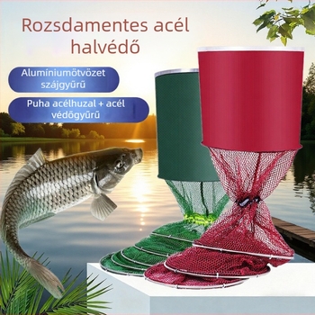 Rozsdamentes acélból készült kettős gyűrűs halvédő, univerzális horgászatvédő, gumírozott fekete védő, vastagított platformos hálózsák