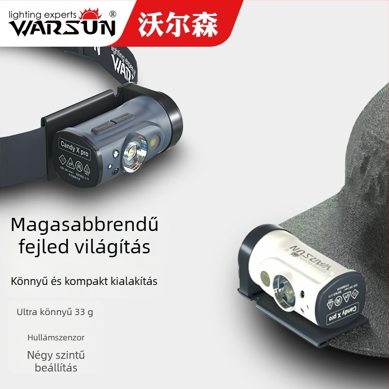 Wolfson CandyX fejlámpa sapkára rögzítő klipszel, LED 5W, 800mAh akkumulátor, kézi működtetés, hatótáv 100–200 m