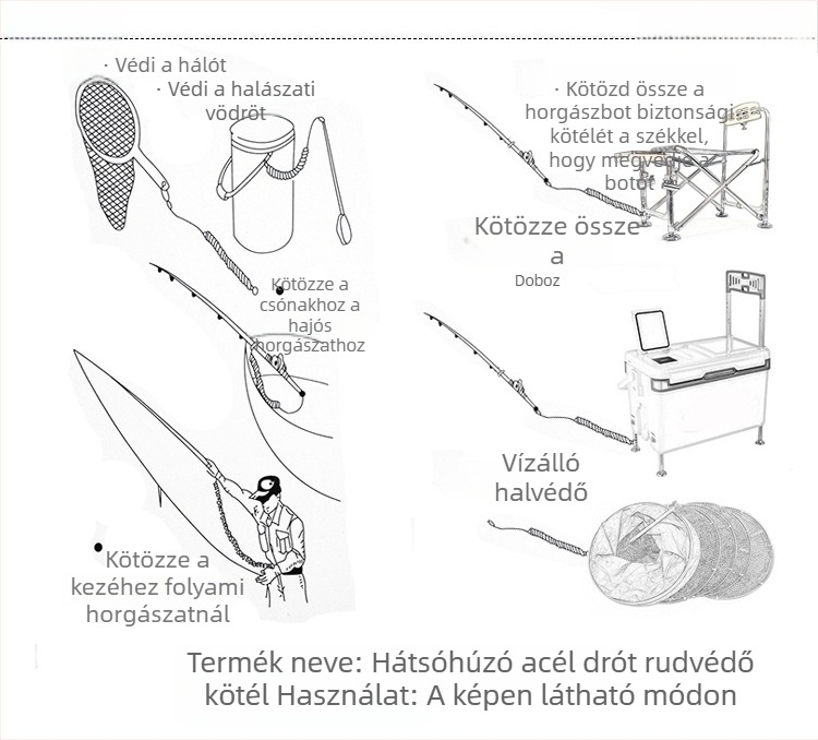 Horgászati biztonsági kötél, teleszkópos rugós visszahúzós mechanizmus; márka Lost Hand Rope; anyag: acélhuzal