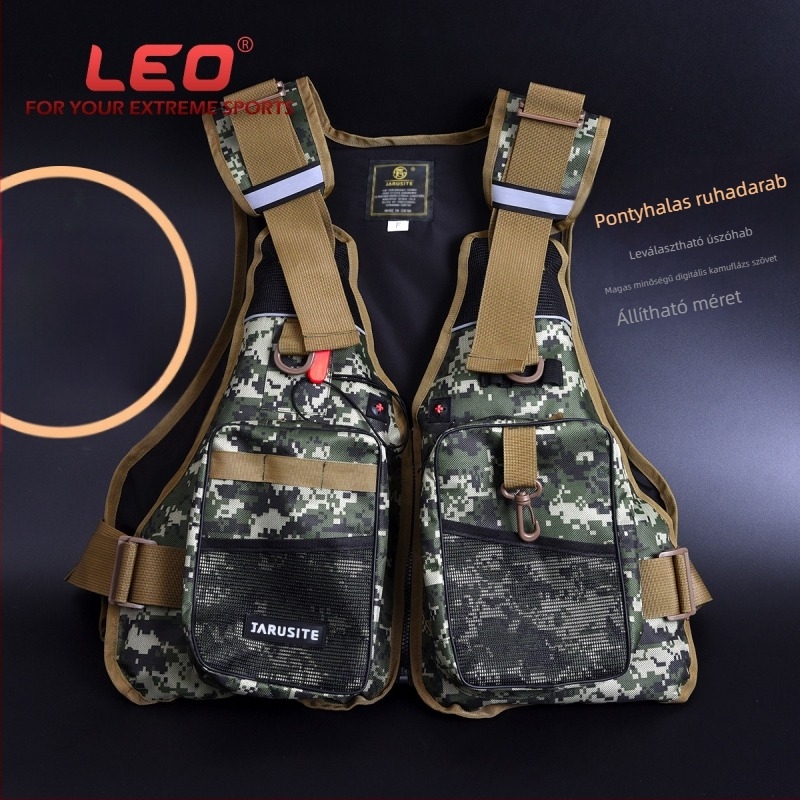 LEO Digitális Kamuflázzal Rendelkező Horgász Mentőmellény, 6 Zsebbel, Oxford Anyag, Gyöngy Pamut Töltés