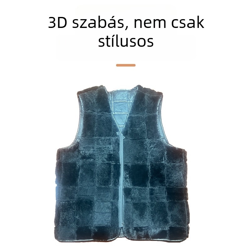 Férfi prémes bőr gyapjú mellény, gallér nélküli, cipzárral, kockás jacquard mintás, vastag szigetelés