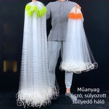 Egyrétegű horgászháló műanyag úszókkal és drótos hálóval