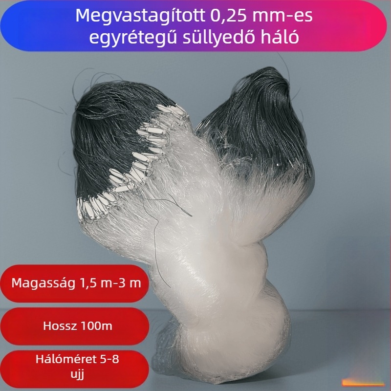 Nehéz egyrétegű süllyedő halászháló, hossz 100 m, magasság 1.5–3 m, szem 5–8 ujjnyi, anyag: acélhuzal