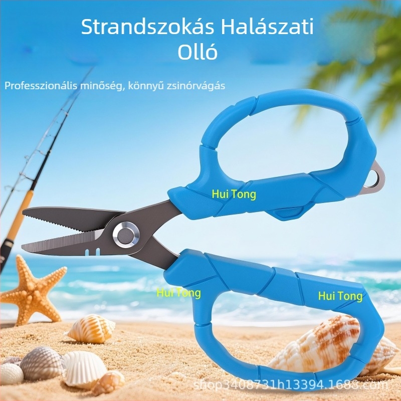 Többfunkciós damilvágó olló horgászathoz, fogazott éllel, szürke titán bevonattal, rozsdamentes acélból
