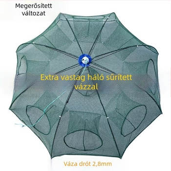 Meggerősített vázú, összecsukható esernyő formájú halászkosár nylonhálóval