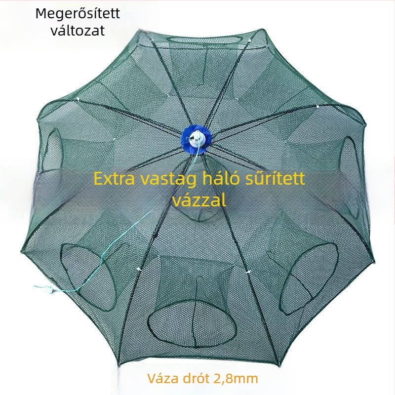 Meggerősített vázú, összecsukható esernyő formájú halászkosár nylonhálóval