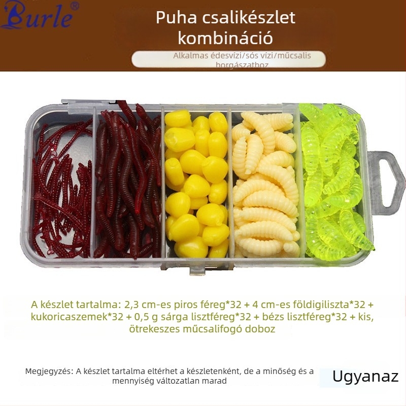 161 darab puha csali horgász készlet: kenyérgiliszta, földigiliszta, kukoricadarabok és piros giliszta