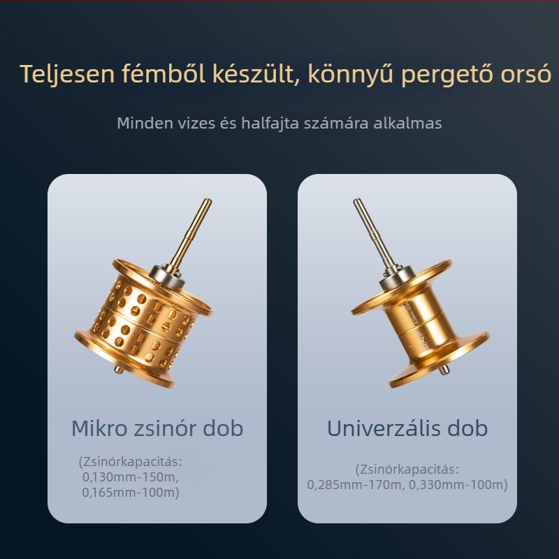 Teljesen fém anyagú hosszú dobású műcsali-makara mágneses fékkel és kettős orsóval