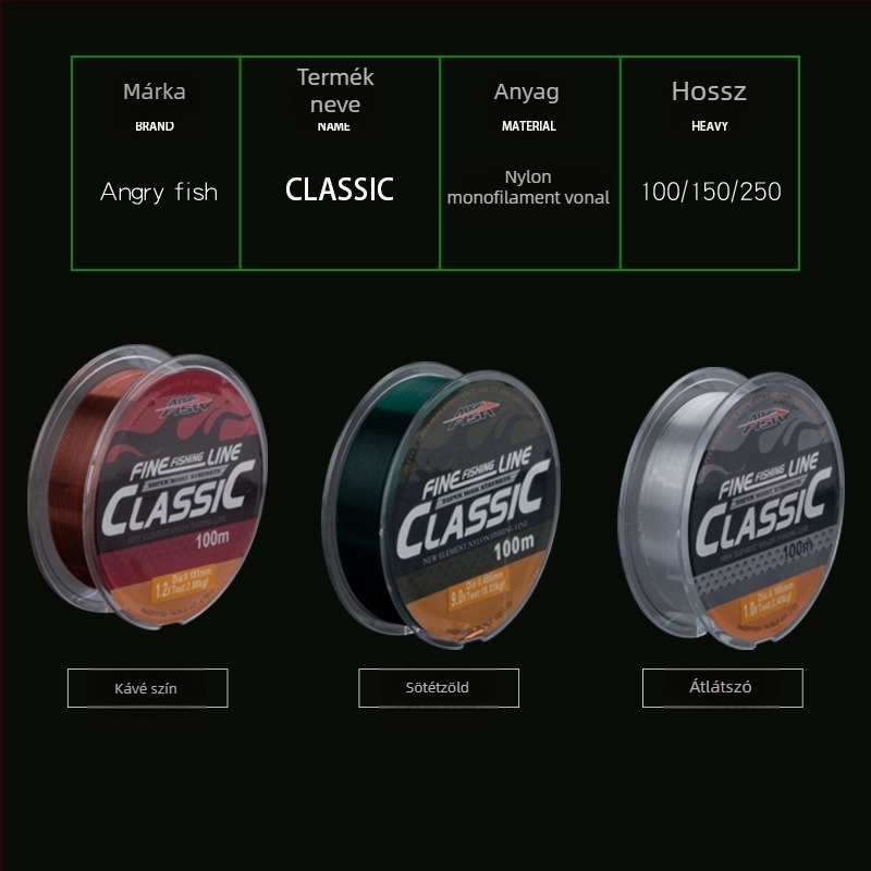 Monofil Nylon horgászzsinór, átlátszó, hossz 150 m vagy 100 m, szakítószilárdság 20–220 lb