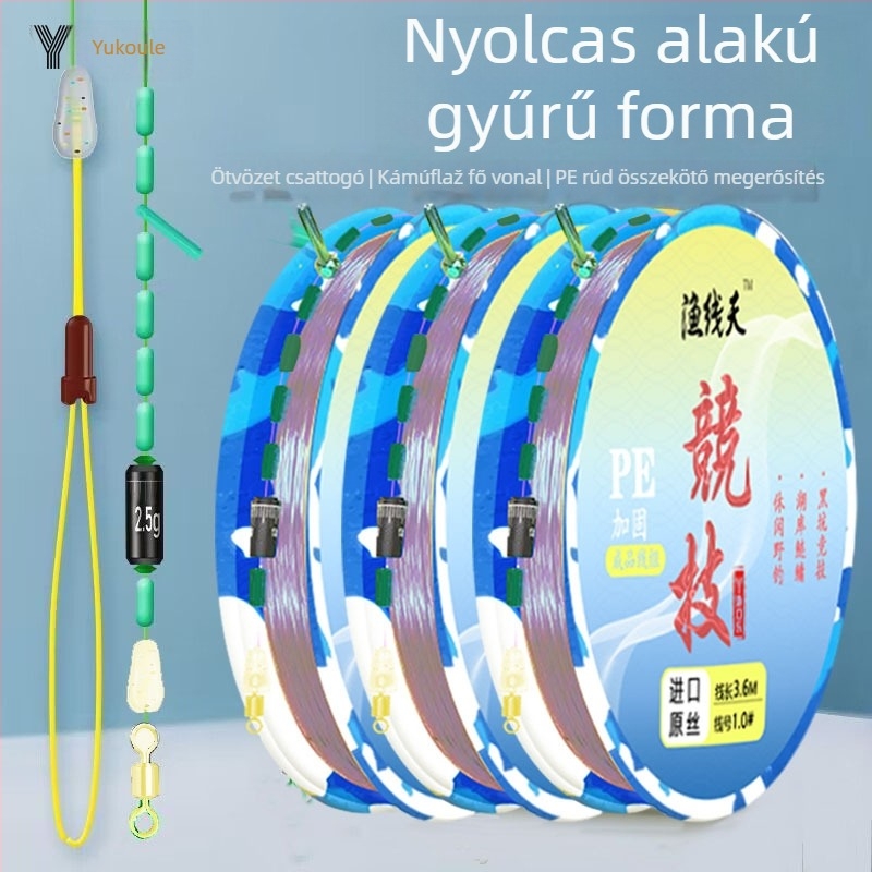 Fő zsinór készlet: anyag — nylon és importált nyers selyem; teljes hossz 7,2 m; hossz 3,6–7,2 m; horgászhely: Black Pit