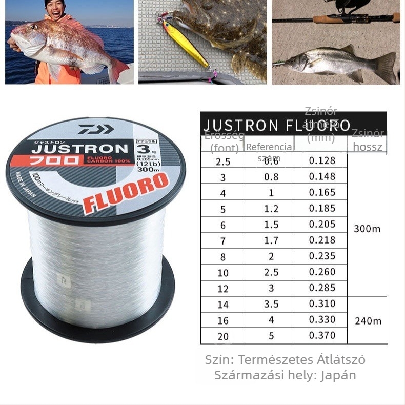 Dawa Justron 300 m szénszálas damil horgászathoz, nagy szilárdságú, kopásálló, sokoldalú