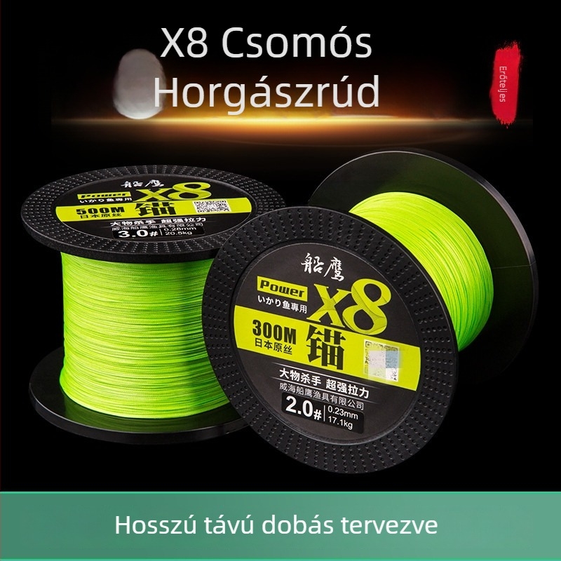 8-szálas kötött PE főzsinór, 500 m, nagy szakítószilárdságú, kopásálló, csónakos horgászatra és műcsalikhoz