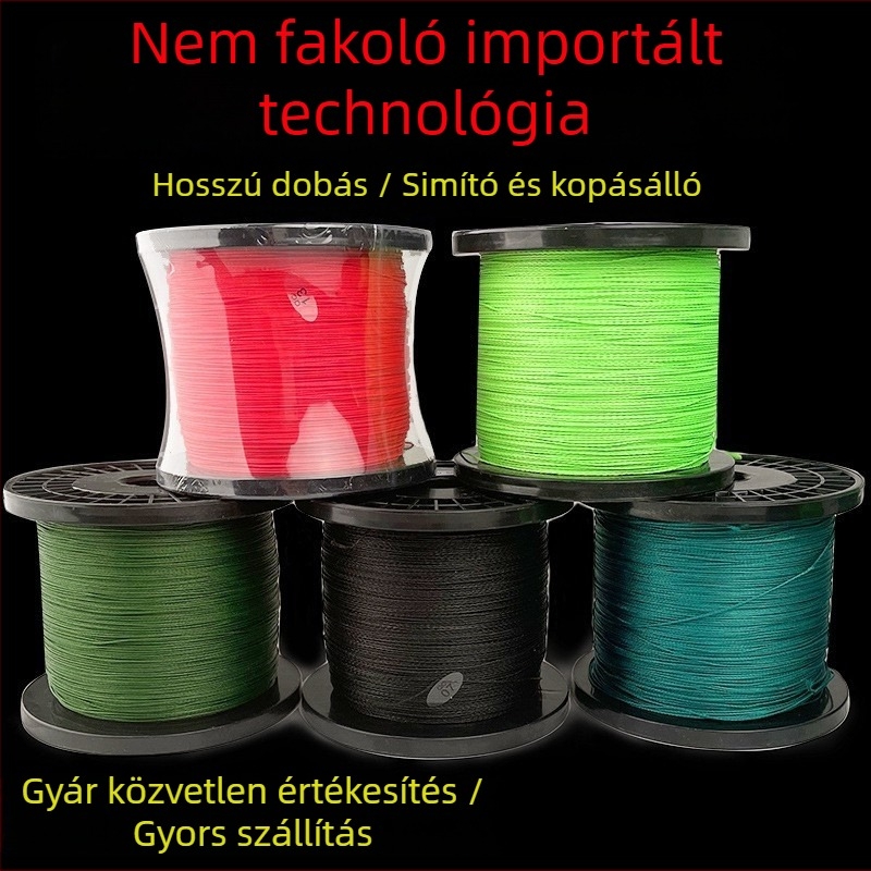 PE anyagú fő horgász zsinór, 8 szálból álló, kopásálló, hossz 100–1000 m, szakítószilárdság 6–100 lb