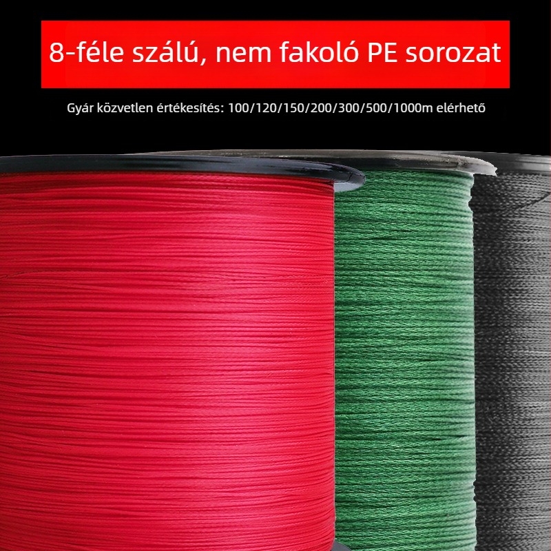 PE anyagú fő horgász zsinór, 8 szálból álló, kopásálló, hossz 100–1000 m, szakítószilárdság 6–100 lb