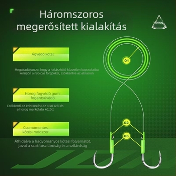 Horgászhorog gyöngyökkel és kötés nélküli damillal, háromszorosan megerősített, könnyű