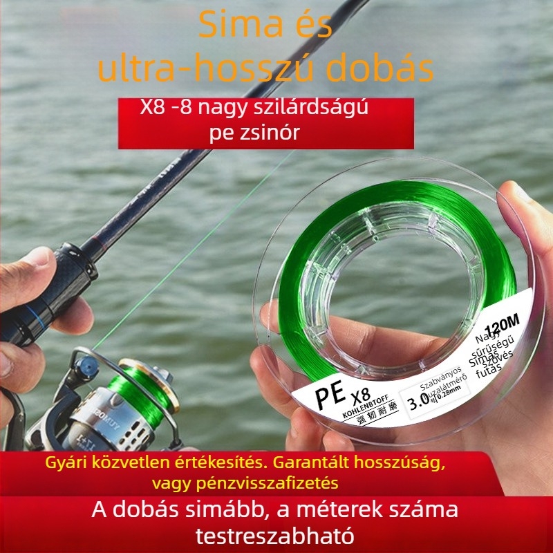 PE horgászfővonal hosszú dobásokhoz, segédvonal, nylon csalihálóvonal, ultra sima X8