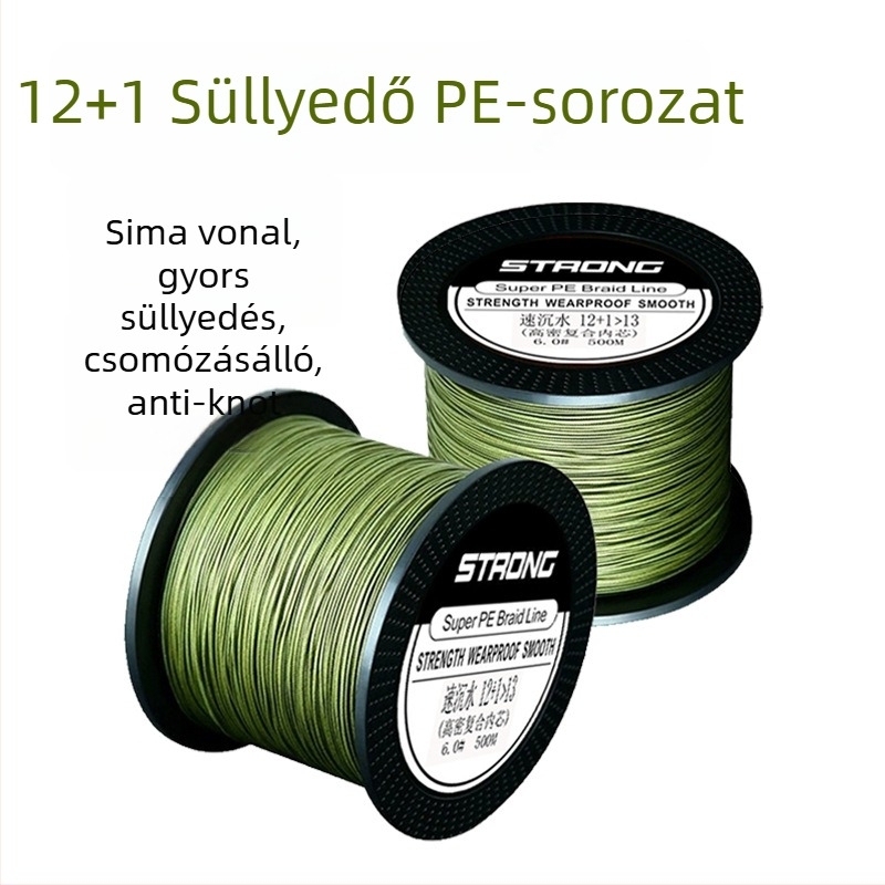 Fő horgászvonal — 13-szálas süllyedő PE damil, 12+1 harapás elleni, nagy szilárdság, tengeri horgászat és műcsalik, 6 tekercs egy dobozban