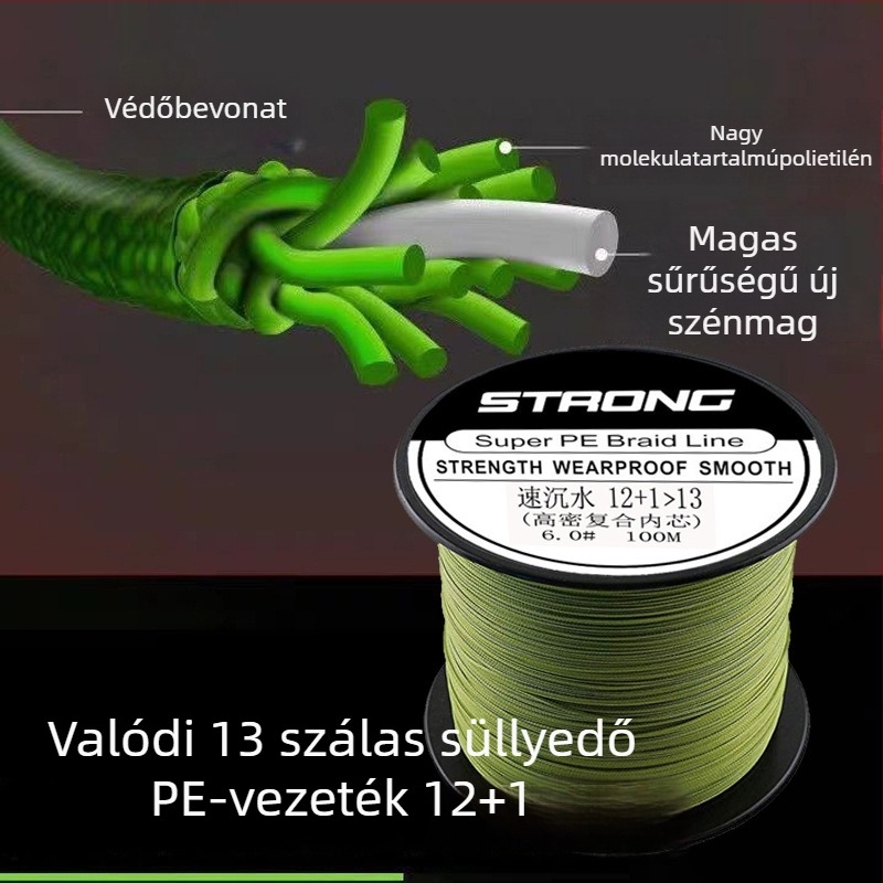 Fő horgászvonal — 13-szálas süllyedő PE damil, 12+1 harapás elleni, nagy szilárdság, tengeri horgászat és műcsalik, 6 tekercs egy dobozban