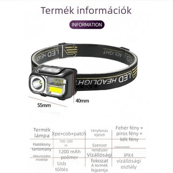 LED fejlámpa USB töltéssel, 10W, 1200mAh, hatótáv 100–200 m
