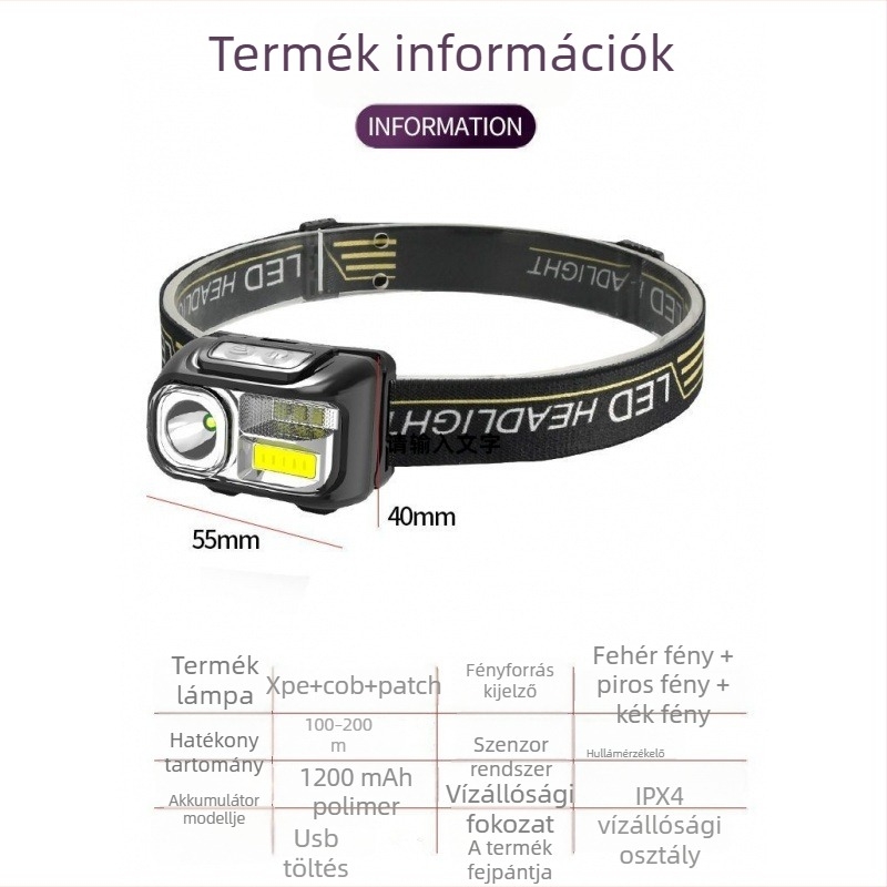 LED fejlámpa USB töltéssel, 10W, 1200mAh, hatótáv 100–200 m
