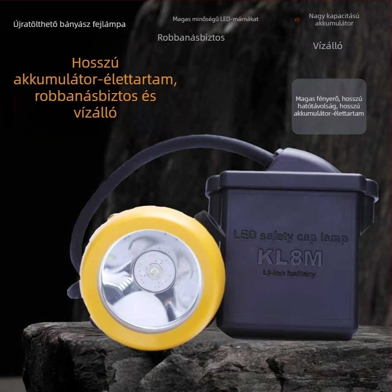 Fejlámpa bányászathoz LED-del, vízálló és robbanásbiztos, újratölthető, 3W, akkumulátor 5000–12000 mAh, fény-sugár 100–200 m, töltő a készleten, alkalmas bányászatra és éjszakai horgászatra