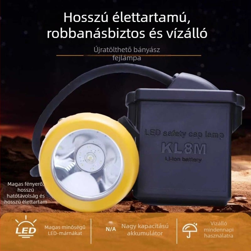 Fejlámpa bányászathoz LED-del, vízálló és robbanásbiztos, újratölthető, 3W, akkumulátor 5000–12000 mAh, fény-sugár 100–200 m, töltő a készleten, alkalmas bányászatra és éjszakai horgászatra