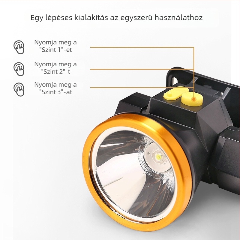 LED fejlámpa, 1W, 1200 mAh újratölthető akkumulátor, fényforrás: Bulb + LED, kézi nyomású működés, hatótávolság akár 500 m