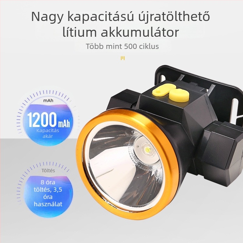 LED fejlámpa, 1W, 1200 mAh újratölthető akkumulátor, fényforrás: Bulb + LED, kézi nyomású működés, hatótávolság akár 500 m