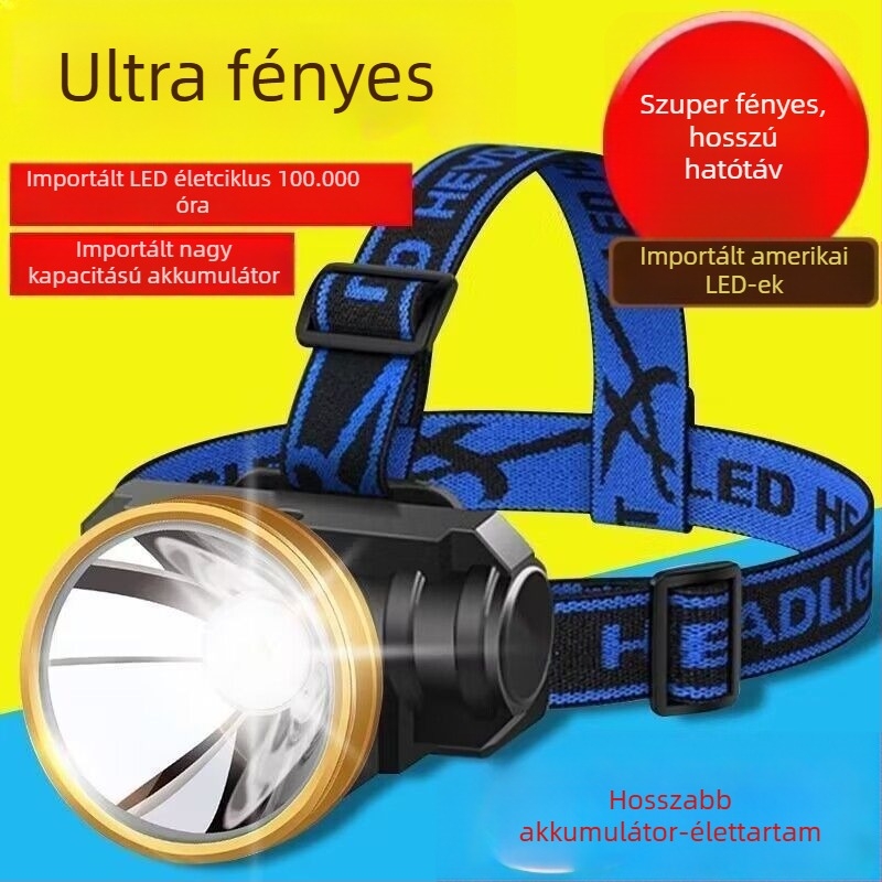 Tölthető LED fejlámpa, 10W, 1000mAh akkumulátor, LED világítás, 100–200 m hatótáv, töltővel együtt