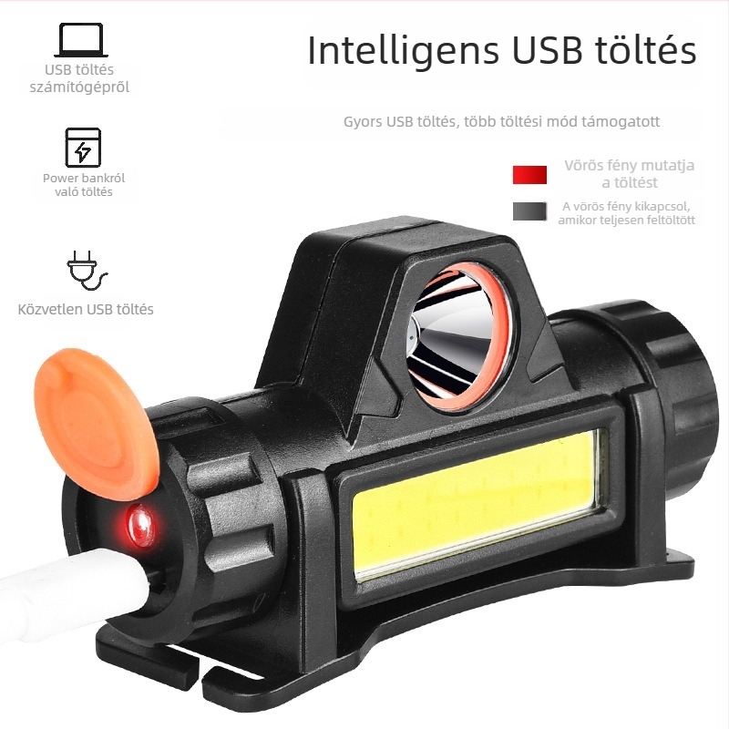 Karazhan LED fejlámpa, mini újratölthető vízálló COB fény, kültéri éjszakai horgászathoz, 10W, 400 mAh akkumulátor, töltővel együtt, hatótáv 200 m-ig