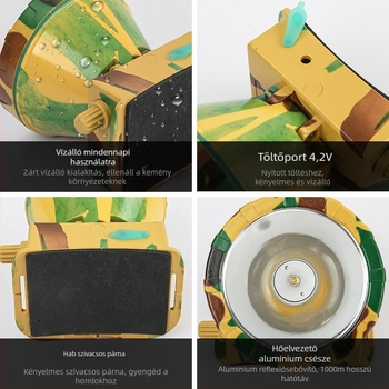 LED fejlámpa, 10W, újratölthető 2000mAh, vízálló, hosszú hatótávolság akár 500 m, ABS ház