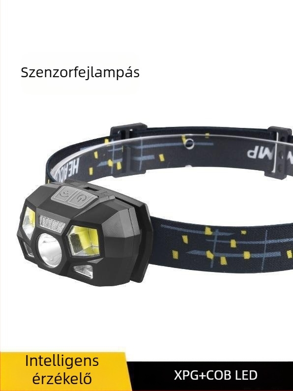 LED fejlámpa, újratölthető, vízálló, 200 m fénysugár, 6 órás üzemidő, fejhez rögzíthető pánt