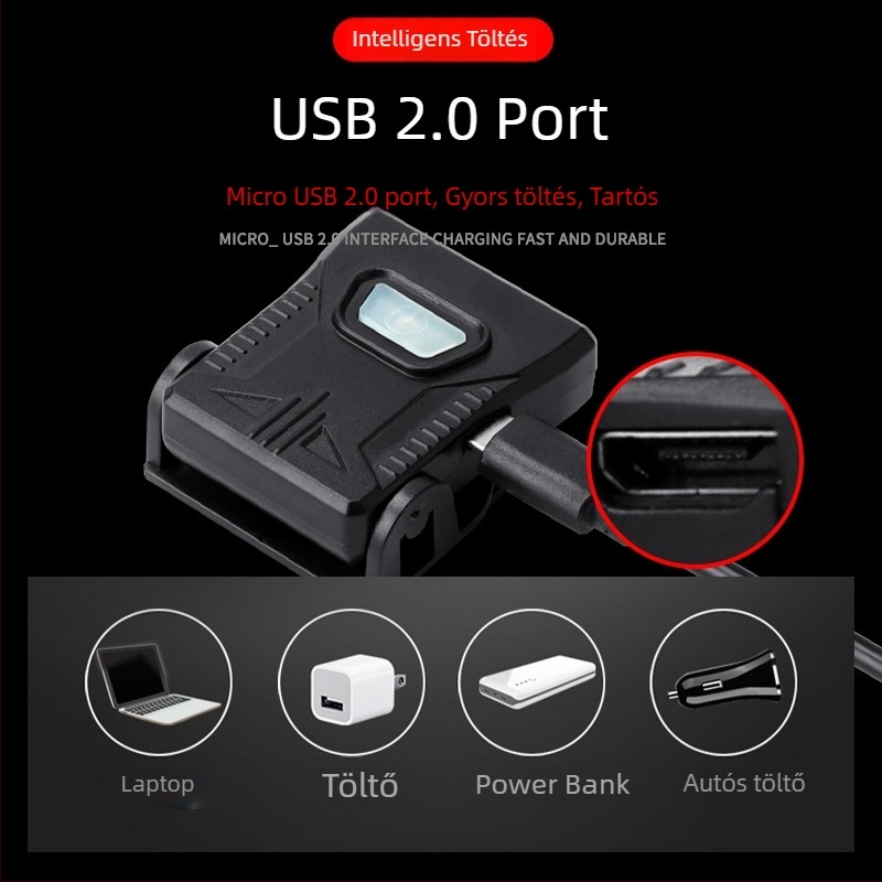 LED fejlámpa USB-töltés, 5W, kb. 500 mAh akkumulátor, vízálló, 360° forgás, éjszakai horgászat