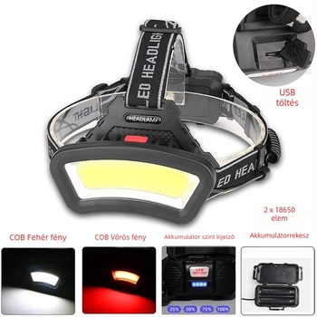 COB LED fejlámpa, kettős üzemmódú világítás, 10W, 2000mAh akkumulátor, kézi energiagenerálás